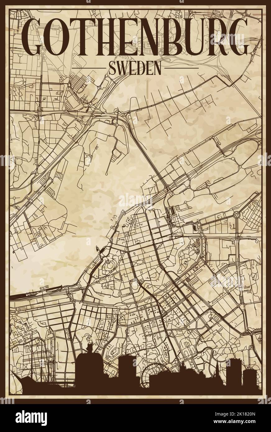 Framed downtown streets network printout map of GOTHENBURG, SWEDEN Stock Vector