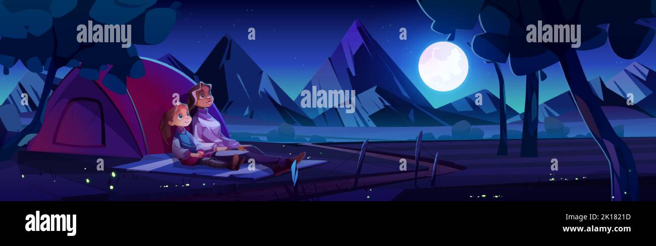 Family camping cartoon illustration. Vector design of mother and daughter sitting near tent on river shore, high mountains background, admiring stars, Stock Vector