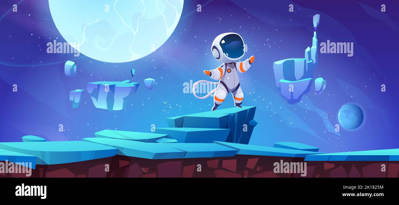 Game level background with cute spaceman on alien planet surface. Vector cartoon illustration of ground platform with landscape with ice or blue cryst Stock Vector