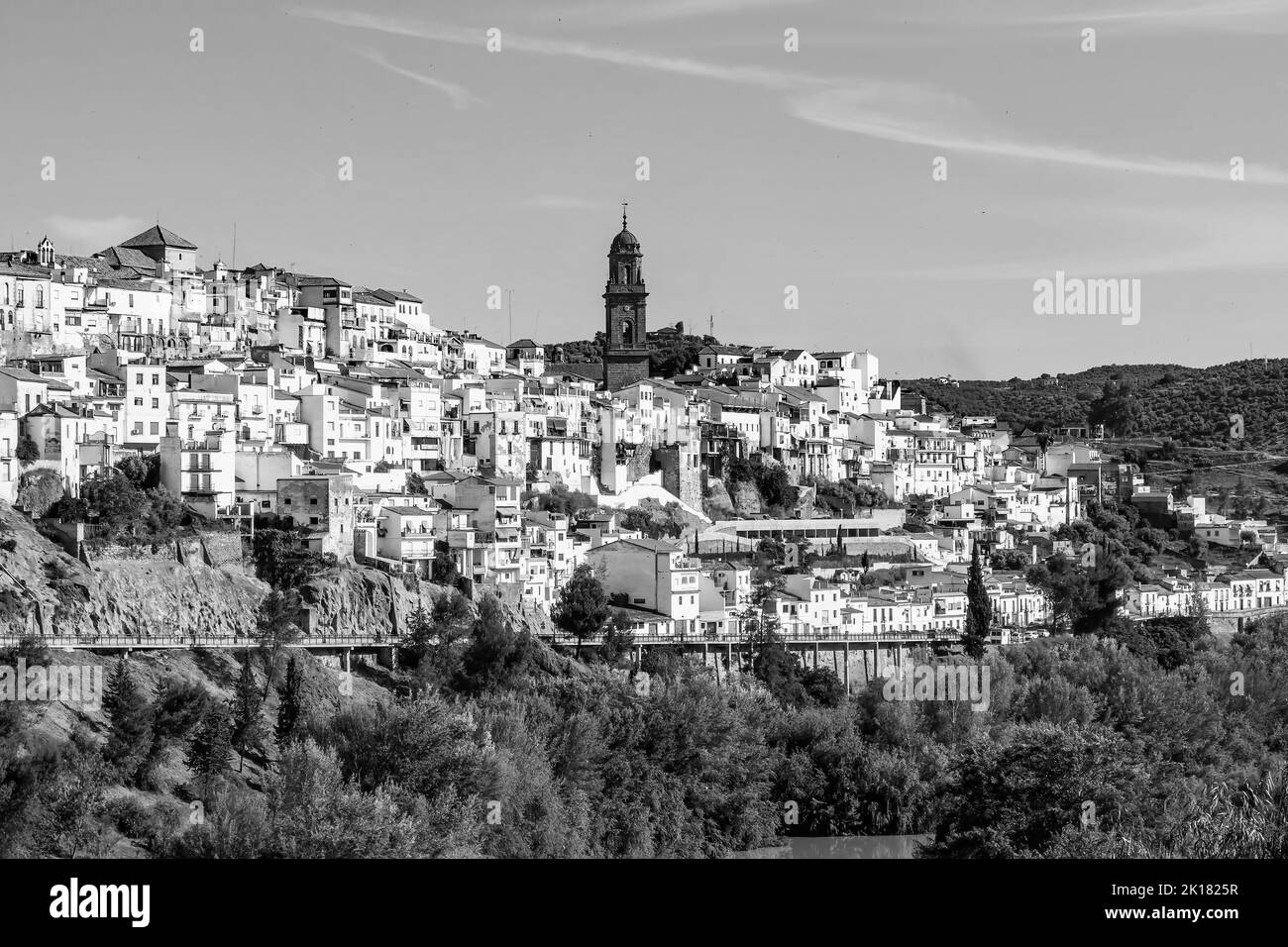 View of Montoro village, a city and municipality in the Cordoba Province, Spain, in the autonomous community of Andalusia. In Black and White Stock Photo