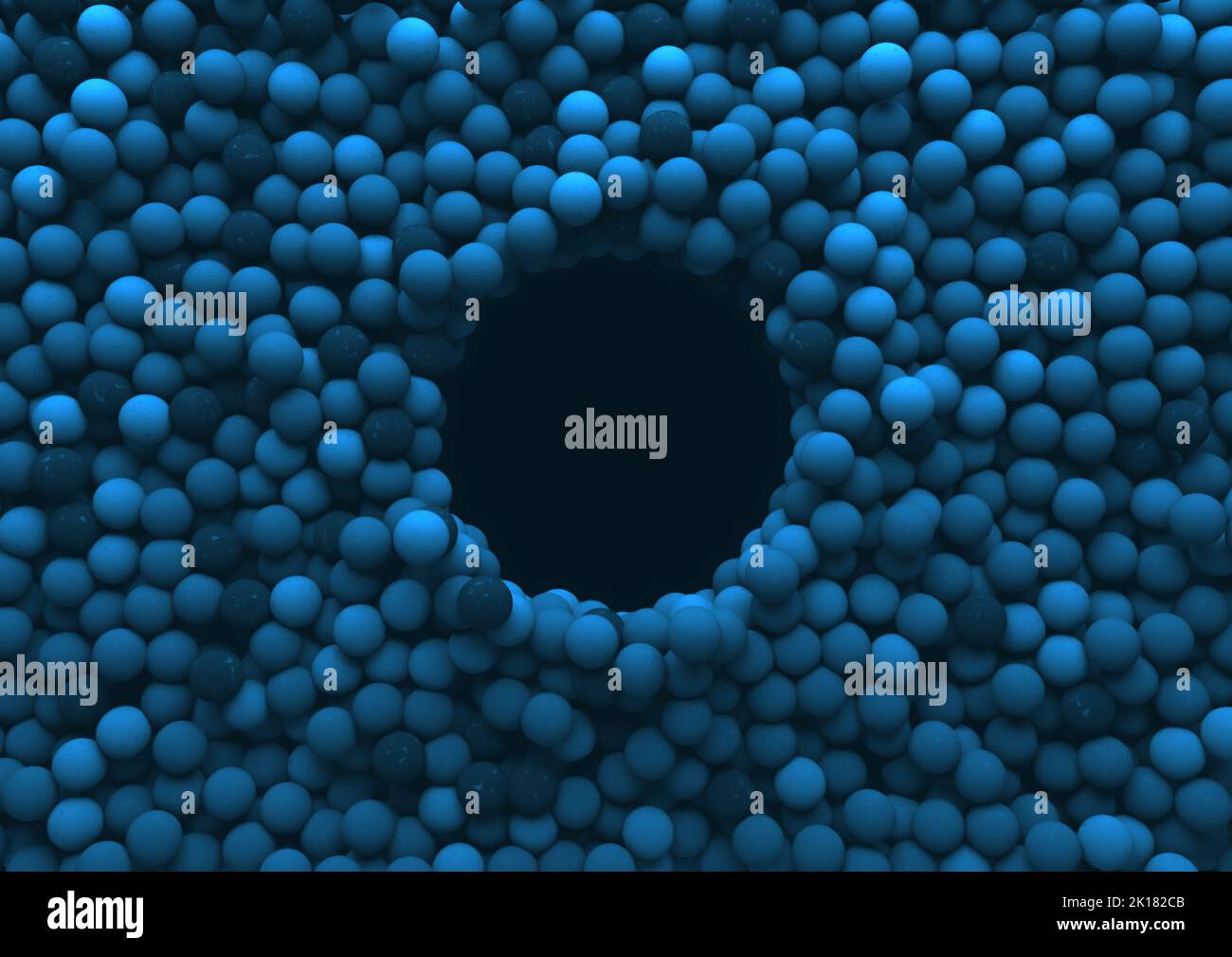 A circular void surrounded by an array of blue rubber balls spread out to form a solid background - 3D render Stock Photo