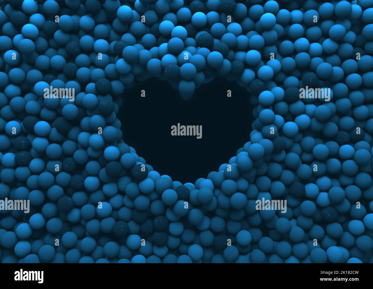 A heart shaped void surrounded by an array of blue rubber balls spread out to form a solid background - 3D render Stock Photo