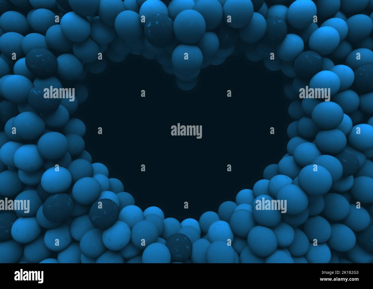 A heart shaped void surrounded by an array of blue rubber balls spread out to form a solid background - 3D render Stock Photo