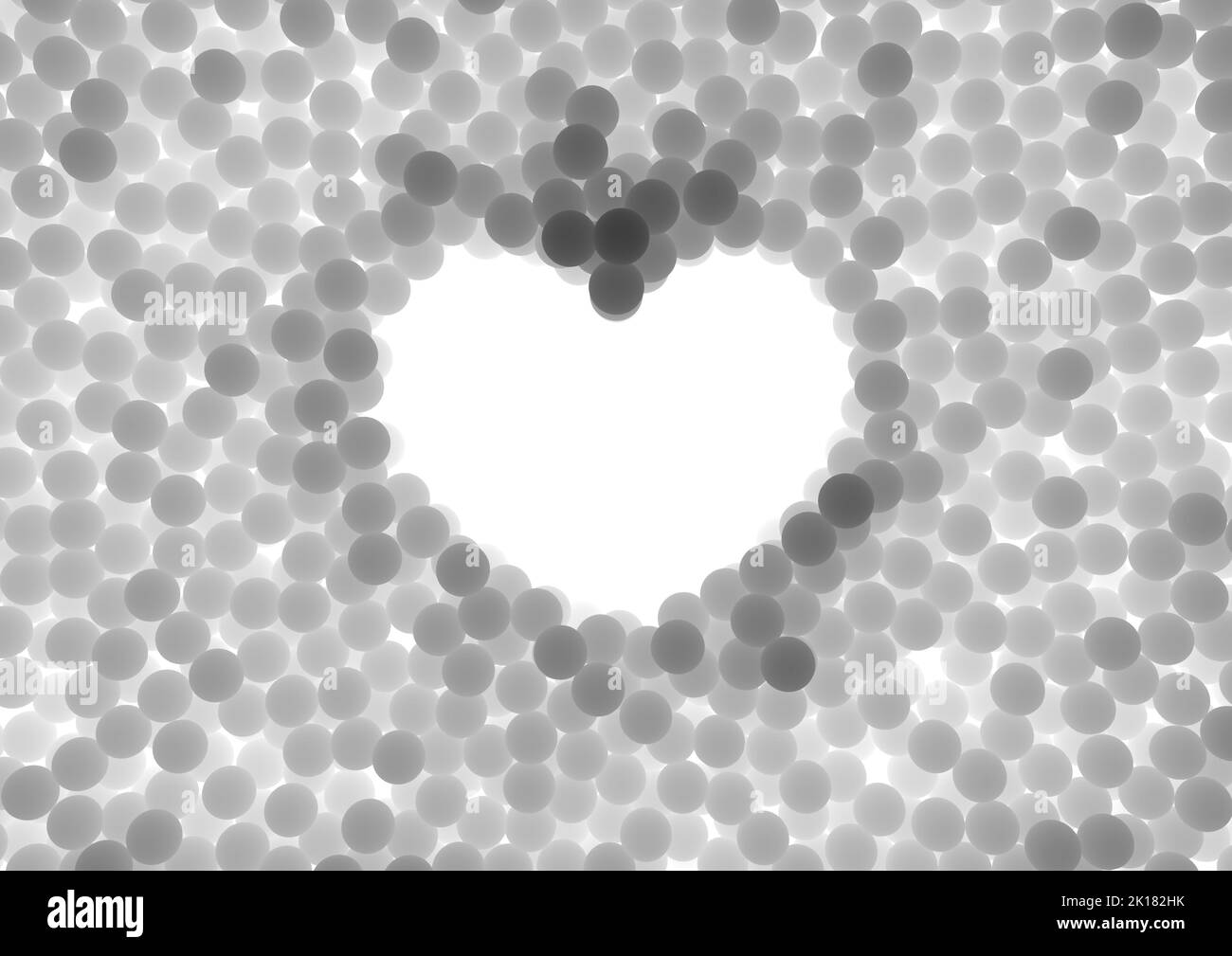A heart shaped void surrounded by an array of translucent white rubber balls spread out to form a solid background - 3D render Stock Photo