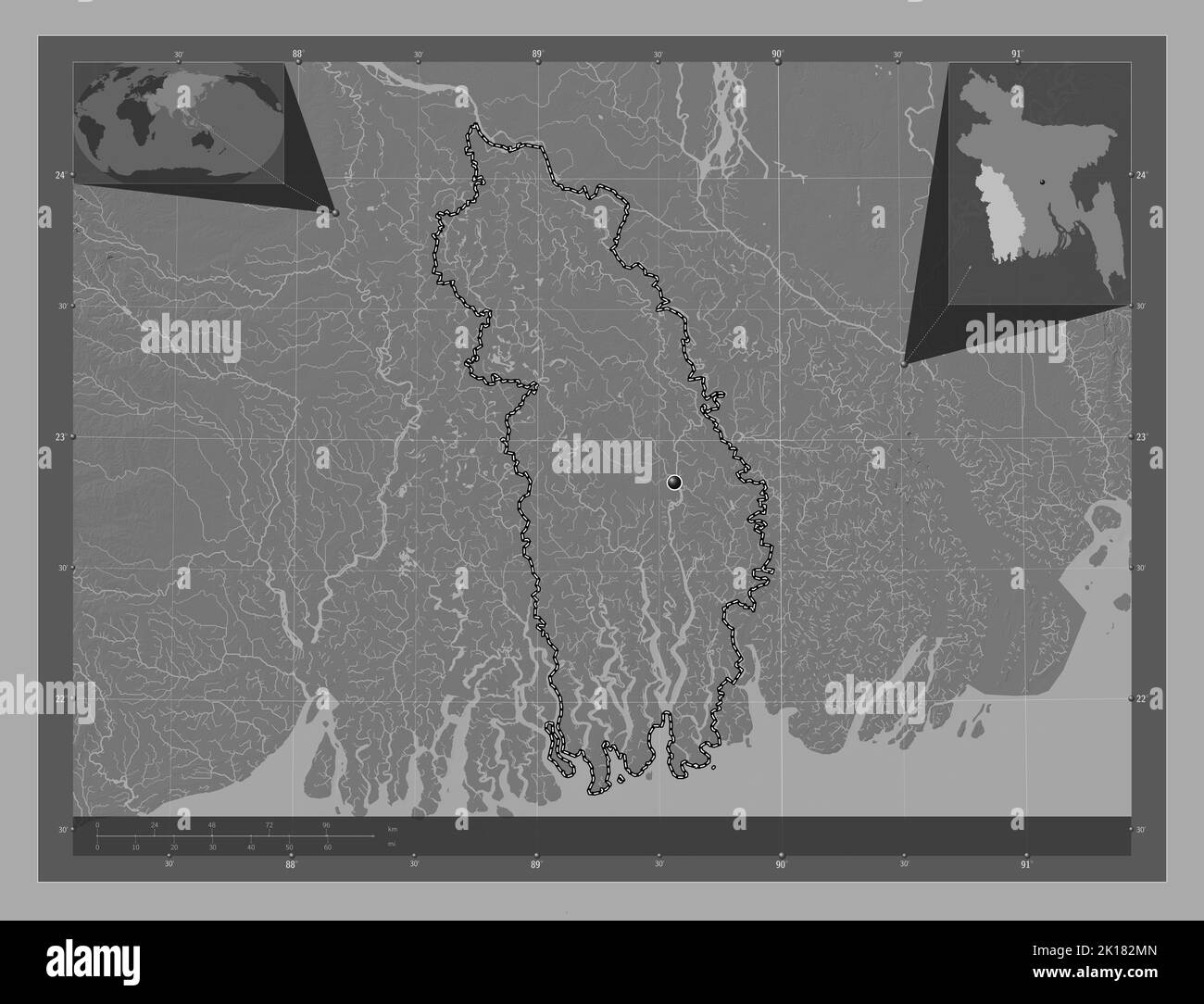 Khulna, division of Bangladesh. Bilevel elevation map with lakes and