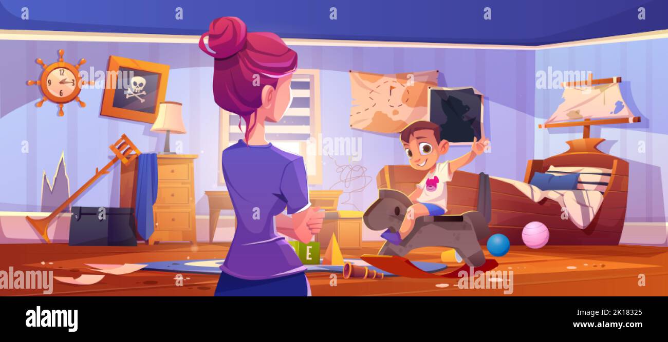 Mom watching naughty kid playing in messy room, cartoon vector illustration. Back view of woman looking at mischievous boy, broken toys scattered on f Stock Vector