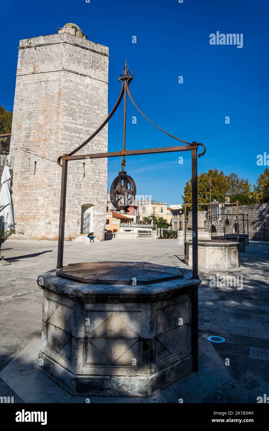 Captain's tower, a medieval tower situated at the Five Wells Square, a historic square and city landmark in the Old Town, Zadar, Dalmatia, Croatia Stock Photo