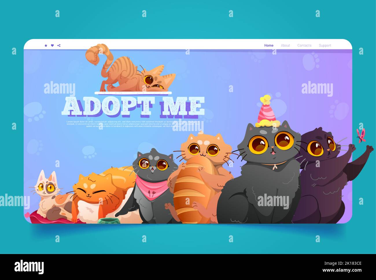 Adopt me cartoon landing page. Homeless pets adoption event announcement promo with funny kittens. Animal shelter charity, rescue, protection and supp Stock Vector