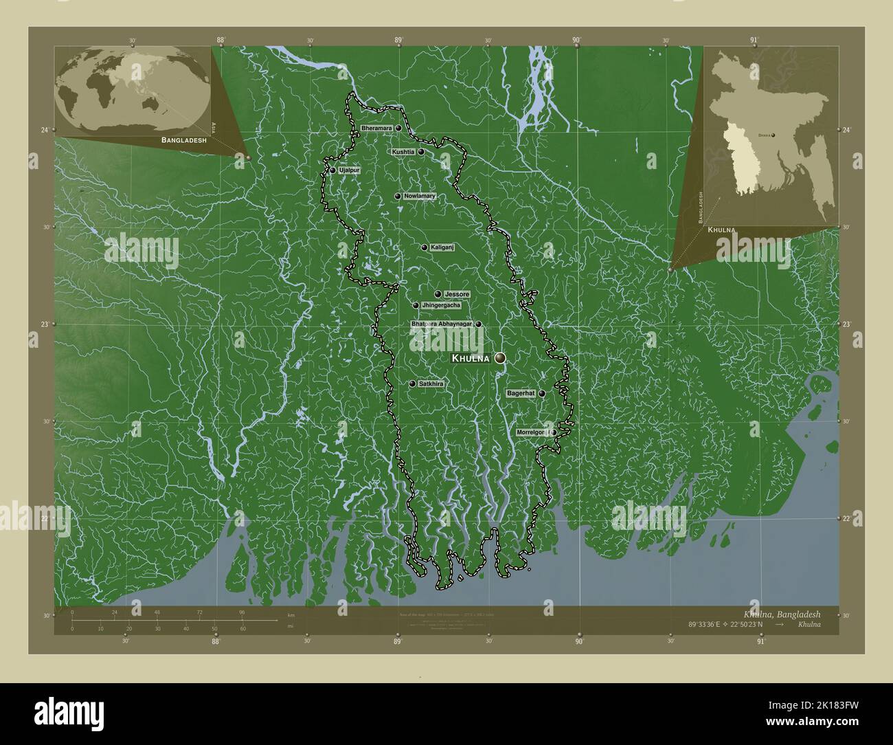 Khulna, division of Bangladesh. Elevation map colored in wiki style
