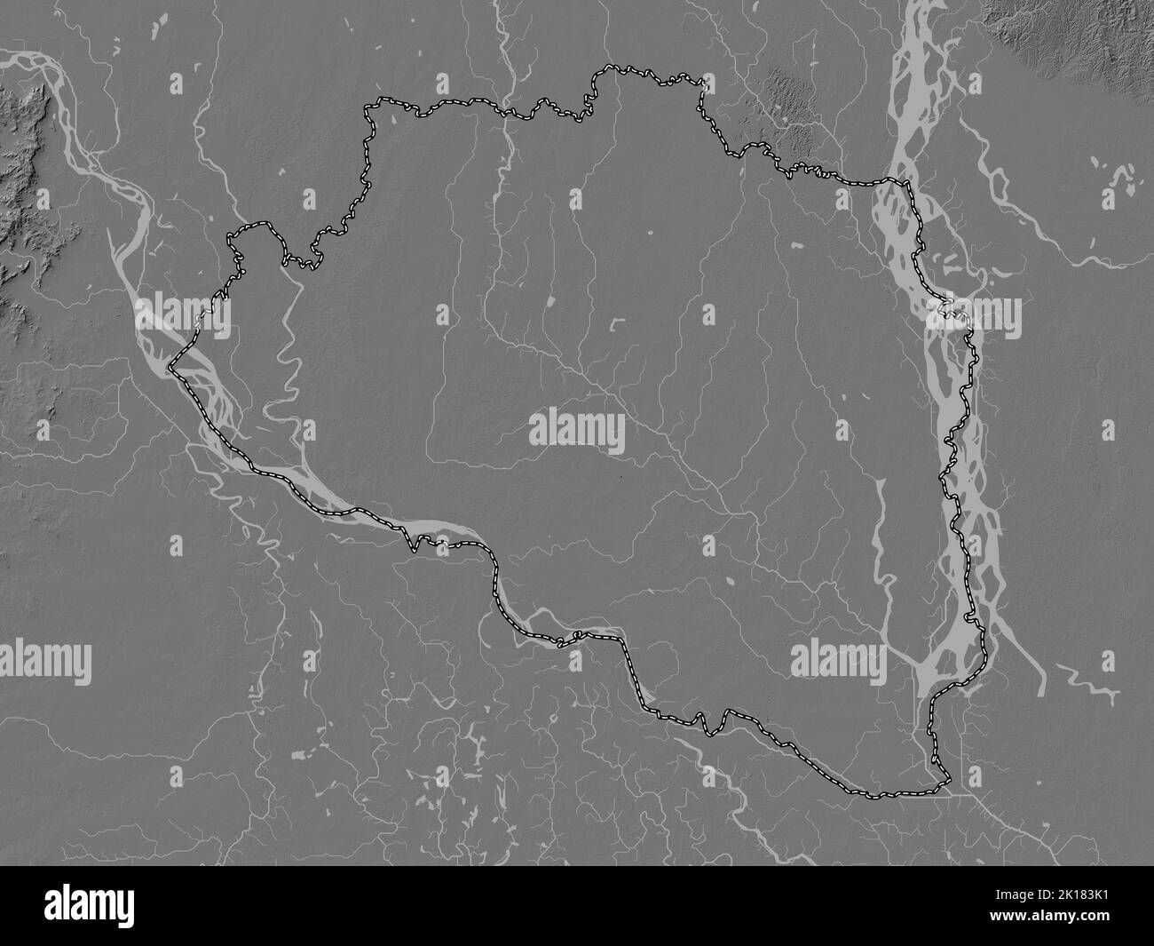 Rajshahi, division of Bangladesh. Bilevel elevation map with lakes and rivers Stock Photo