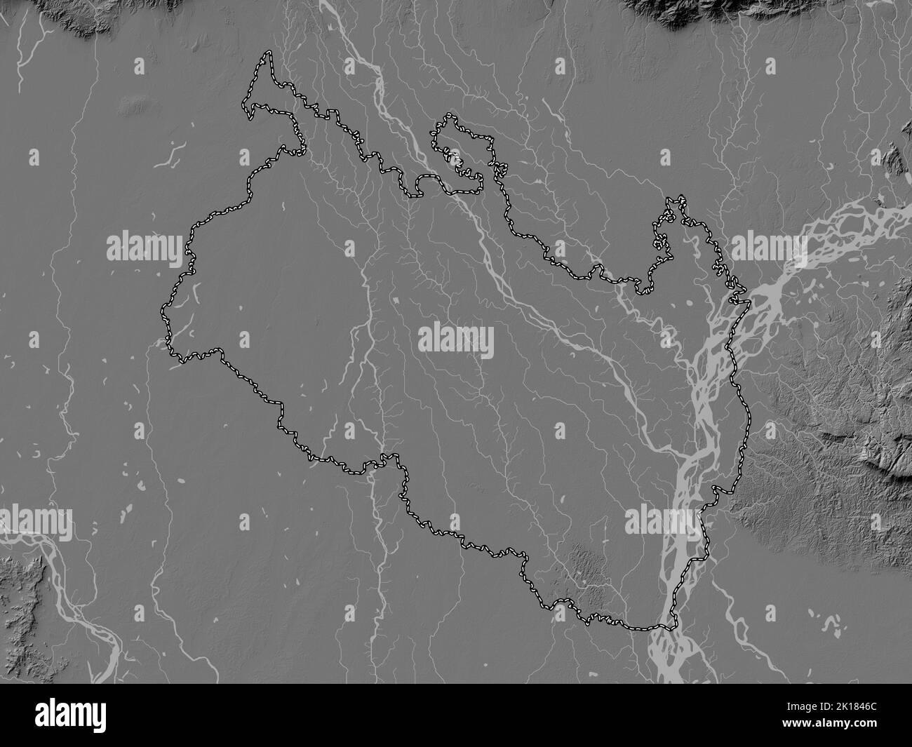 Rangpur, division of Bangladesh. Bilevel elevation map with lakes and rivers Stock Photo