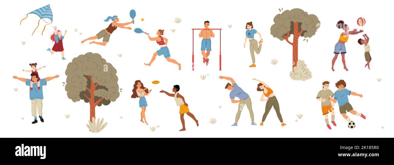 Summer outdoor leisure activities, sport exercises in park. Vector flat illustration of people playing with ball, frisbee, kite, tennis, training, str Stock Vector