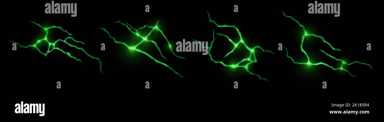 Realistic set of green lightnings isolated on black background. Vector illustration of scary thunderbolt strikes glowing at night. Symbol of magic pow Stock Vector