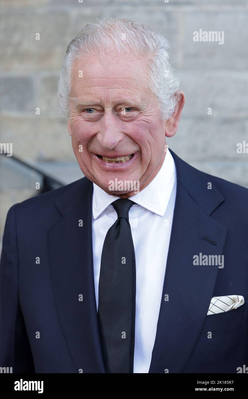 King Charles III arrives for a reception for local charities at Cardiff Castle in Wales. Picture date: Friday September 16, 2022. Stock Photo