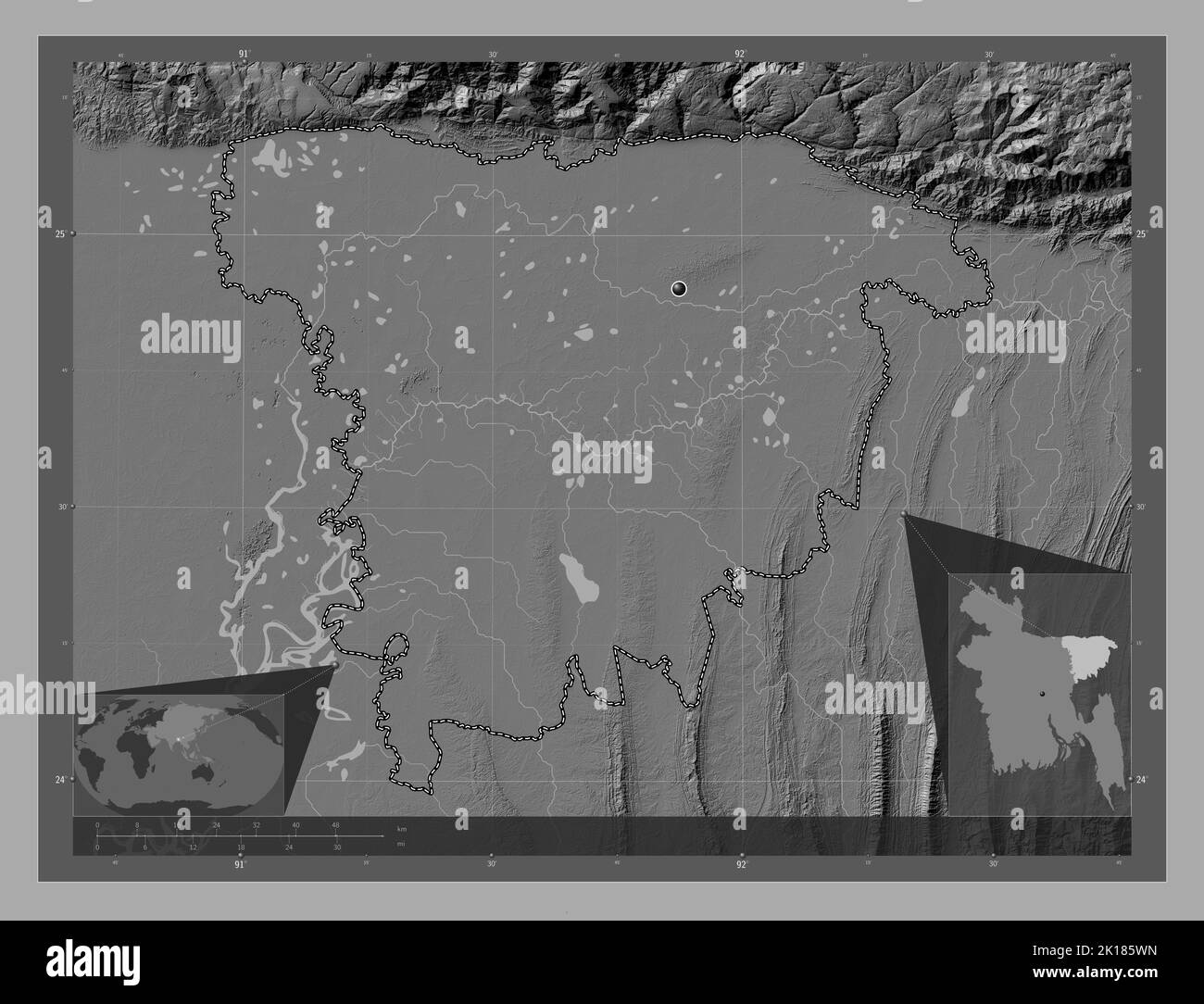 Sylhet division of Bangladesh - Sylhet Division Of Bangladesh Bilevel Elevation Map With Lakes And Rivers Corner Auxiliary Location Maps 2K185WN 