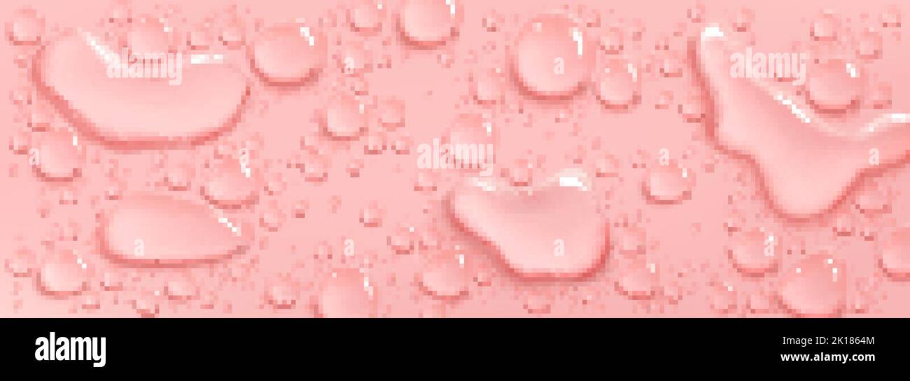 Collagen or water drops on pink background, beauty product, moisture, skincare spill puddles top view, scatter aqua liquid splashes. Skin care cosmeti Stock Vector
