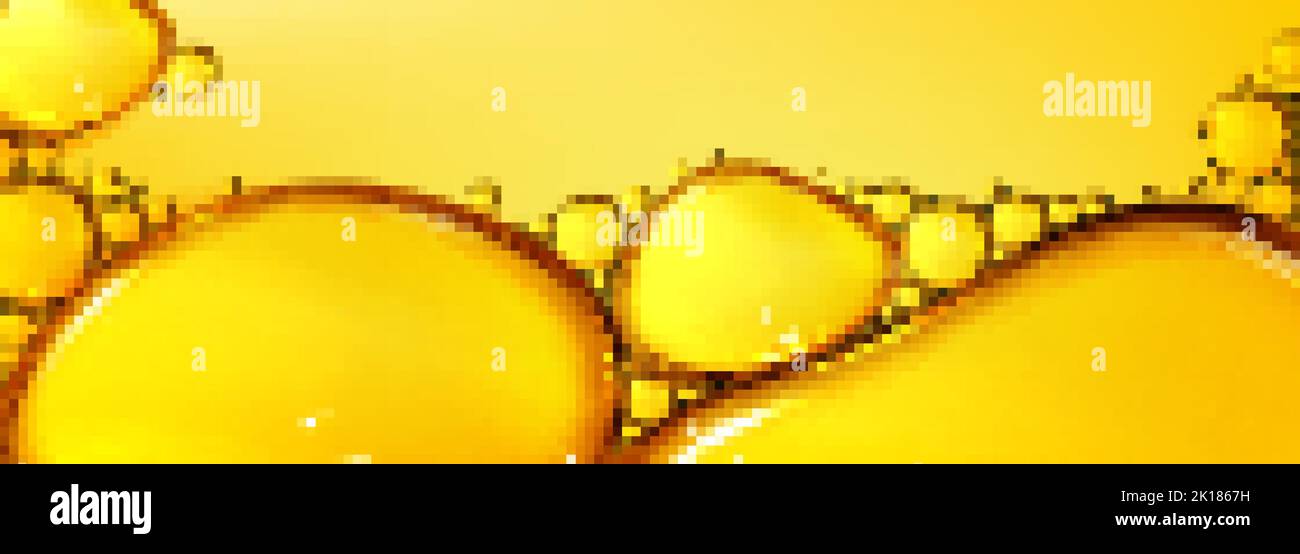 Oil drops texture, omega bubbles, gold liquid skincare, essential droplets. Background with transparent yellow dribs of different shapes. Realistic 3d Stock Vector