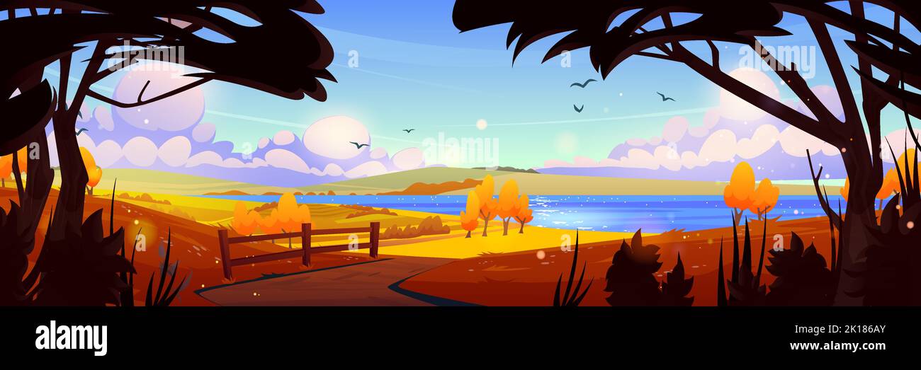 Autumn rural scene with river, trees, agriculture fields in morning. Farmlands panorama in fall, countryside landscape with orange grass, lake, road a Stock Vector