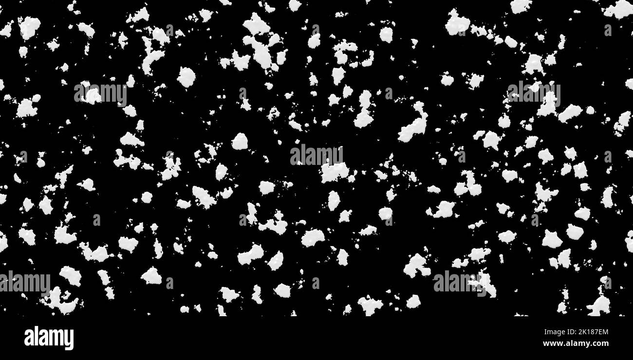 Seamless glossy white acrylic paint specks, splashes and splatter texture isolated on black background. Monochrome abstract  blobs and droplets patter Stock Photo