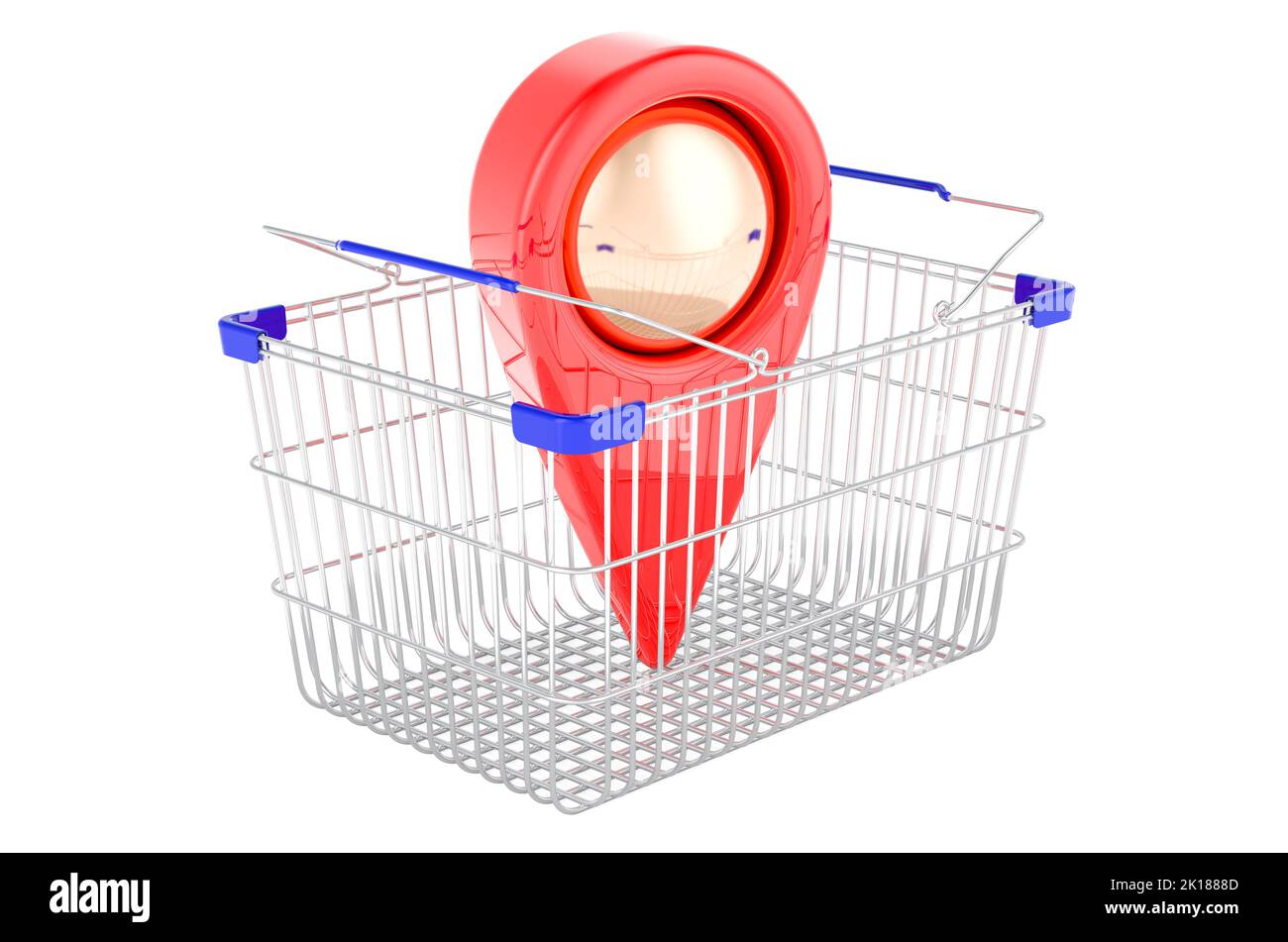 Shop location concept. Map pointer with shopping basket, 3D rendering ...
