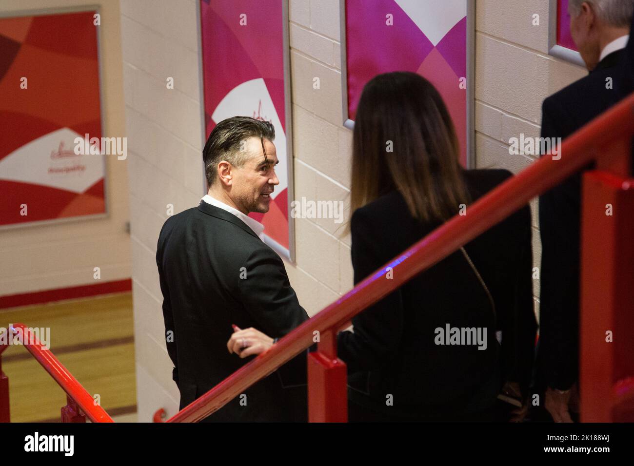 Actor Colin Farrell and his girlfriend Kelly McNamara after the Joshua v Takam heavyweight fight in Cardiff, Wales, 28.10.2017. Photo: Rob Watkins Stock Photo