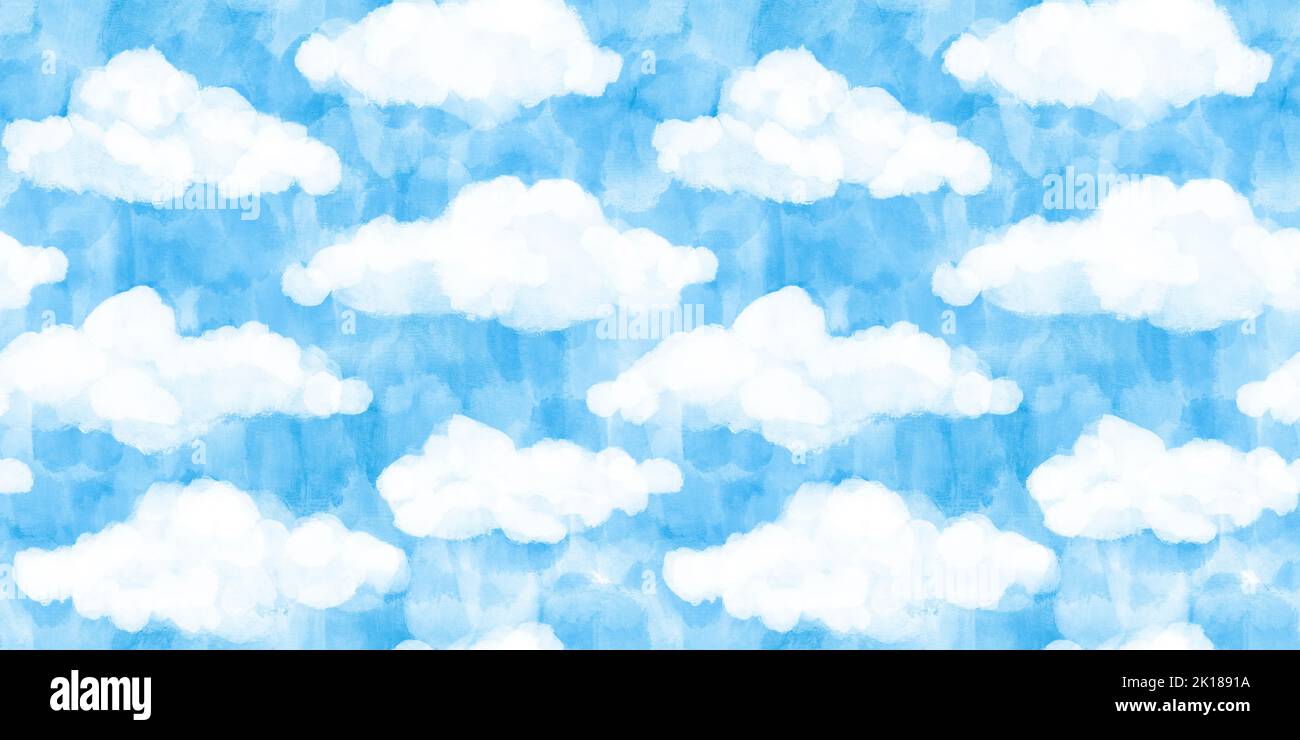 Seamless white puffy watercolor clouds on bright blue sky background pattern. Tileable hand painted digital gouache cartoon cloud texture. Abstract su Stock Photo