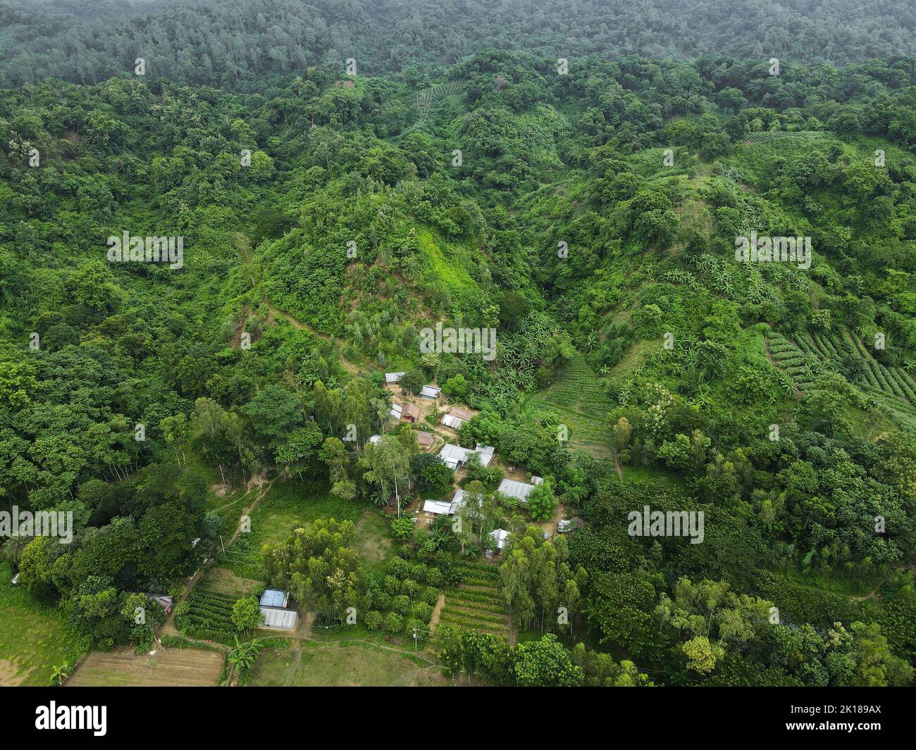 Chittagong, Chattogram, Bangladesh. 16th Sep, 2022. 16 September 2022, Bangladesh : Houses of hill tribes in Wahedpur Union of Mirsharai region of Chittagong city, Bangladesh. They are basically fixated on the mountain, the foundation of all their life's work, the mountain of trust.The traditional Machang houses of the hill tribes of Bangladesh have disappeared, they now live in tin houses like ordinary residents. Credit: ZUMA Press, Inc./Alamy Live News Stock Photo