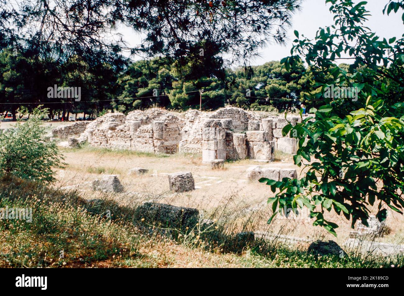 Gymnasion at Epidaurus - a small city (polis) in ancient Greece, on the Argolid Peninsula at the Saronic Gulf, best known for its ancient Greek sanctuary. March 1980. Archival scan from a slide. Stock Photo