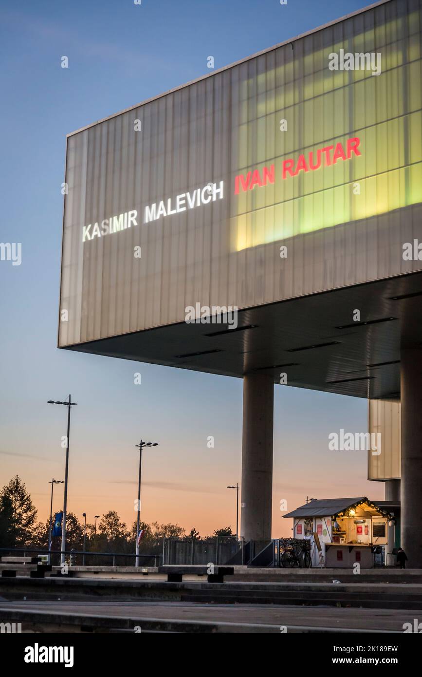 Imposing Museum of Contemporary Art lit at dusk, Zagreb, Croatia Stock Photo