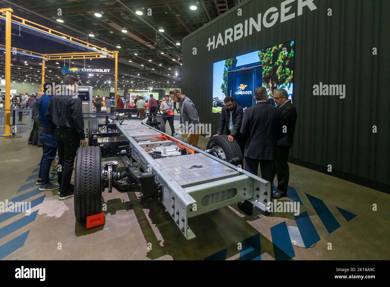 Detroit, Michigan, USA. 15th Sep, 2022. The chassis of an electric delivery truck, which houses the batteries. The vehicle is being developed by Harbinger, on display at the North American International Auto Show. Credit: Jim West/Alamy Live News Stock Photo