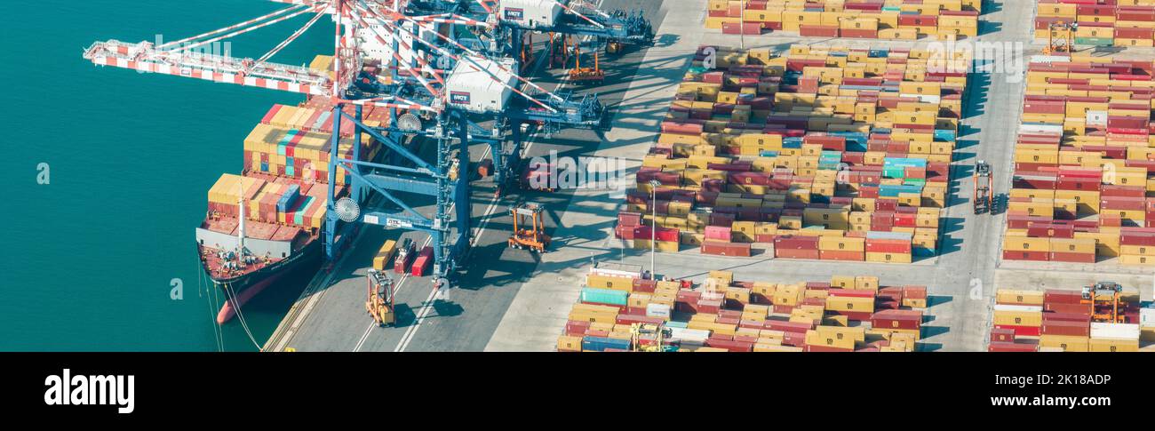 Aerial view of the port of Gioia Tauro, Calabria Italy. Goods loading and unloading operations. Container. Import and export. Global trade. Movement Stock Photo