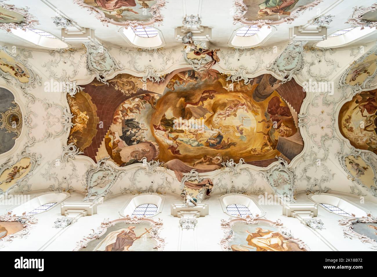 Deckenfresko im Mittelschiff des Fridolinsmünster Bad Säckingen,  Landkreis Waldshut, Baden-Württemberg, Deutschland |  Ceiling fresco, Fridolinsmünst Stock Photo