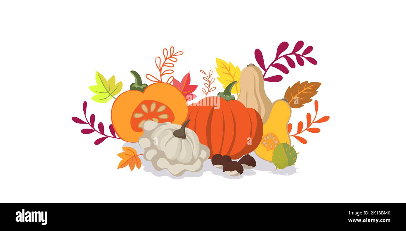 Autumn vegetables and leaves doodle background - flat design banner vibrant colors - floral seasons design theme Stock Photo
