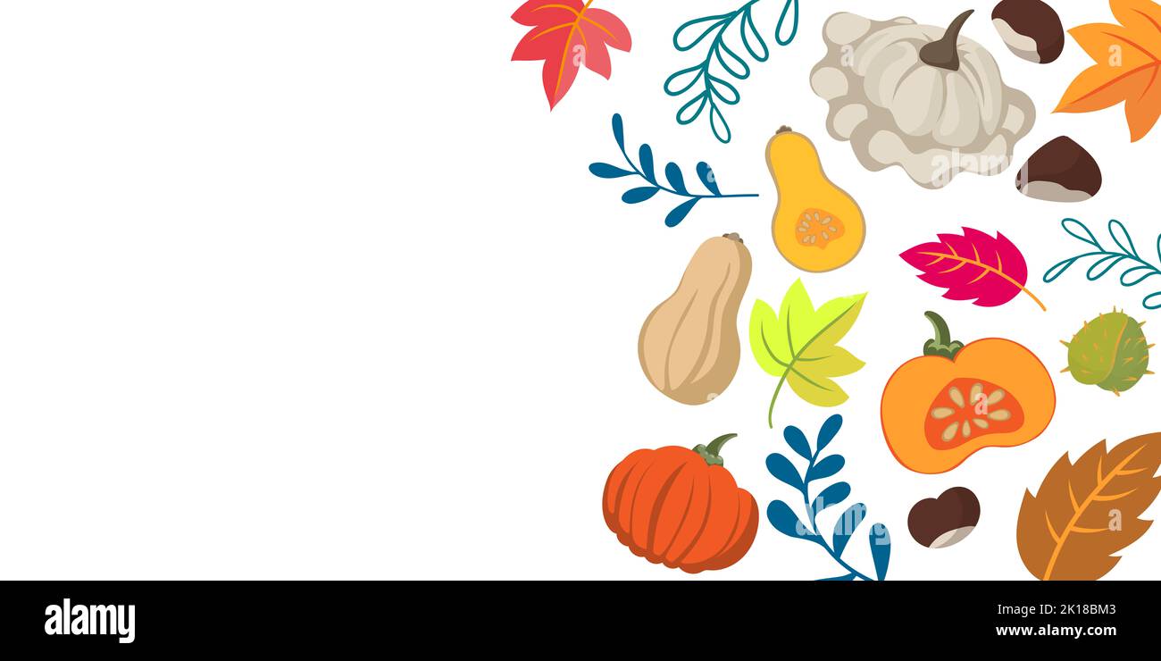 Autumn vegetables and leaves doodle background - flat design banner vibrant colors - floral seasons design theme Stock Photo