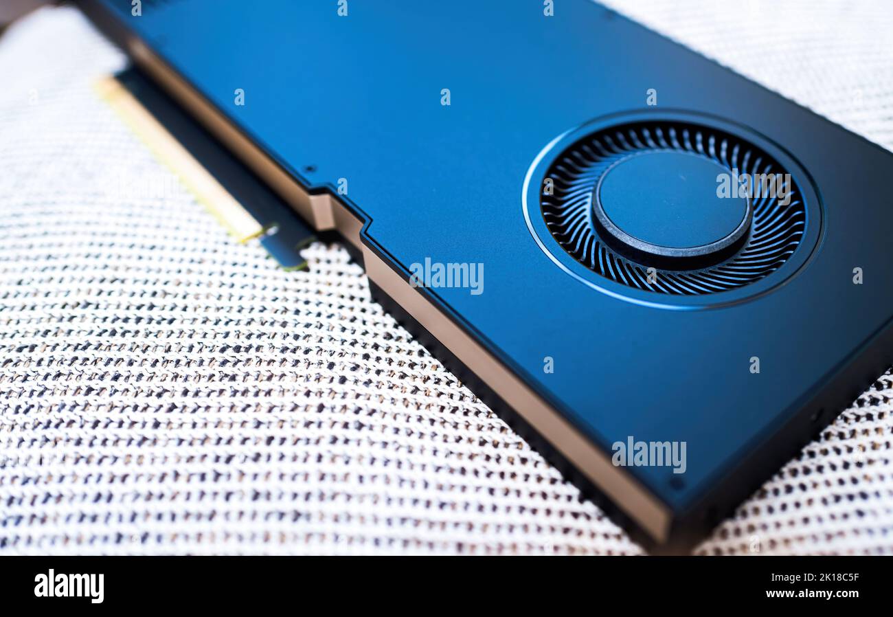 New powerful GPU professional video card with silent fan - blue tech color cast Stock Photo