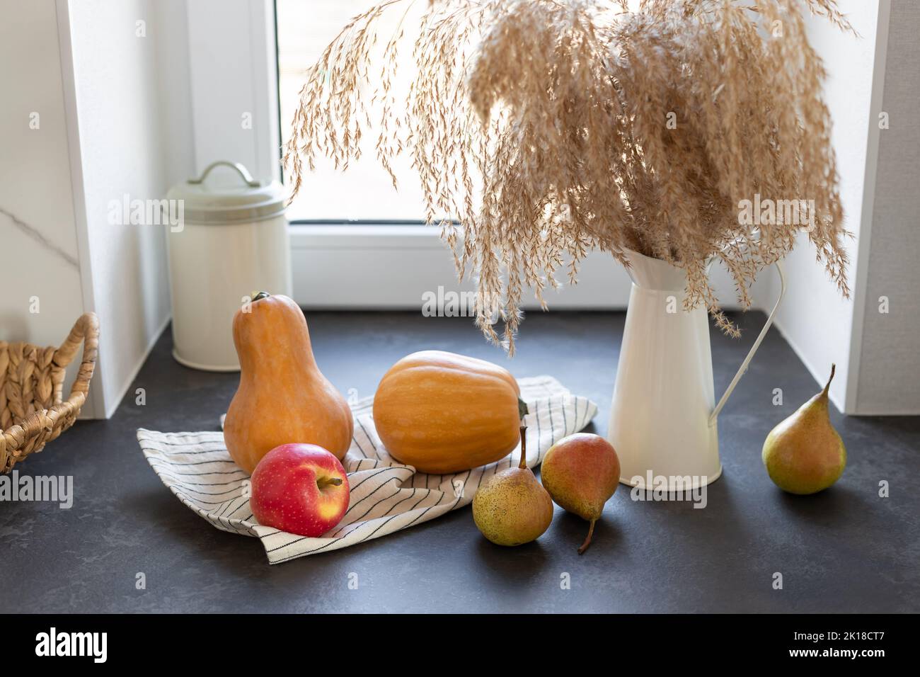 pumpkins, apples, pears. Seasonal ingredients for cooking. Stock Photo