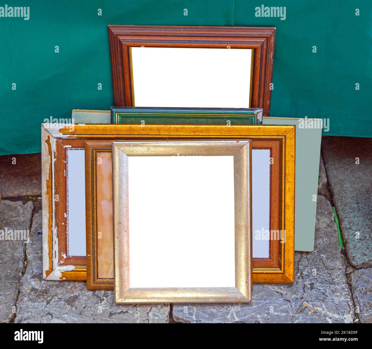 Collection of Used Empty Picture Frames Paintings and Portrait Copy Space Stock Photo