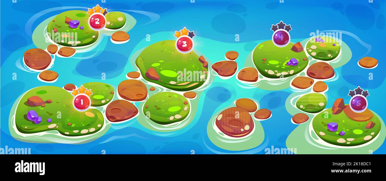 Game ui level map islands in ocean with crystals, green grass, rocks, stars and numbers. Cartoon 2d fantasy landscape platform, environment graphics f Stock Vector