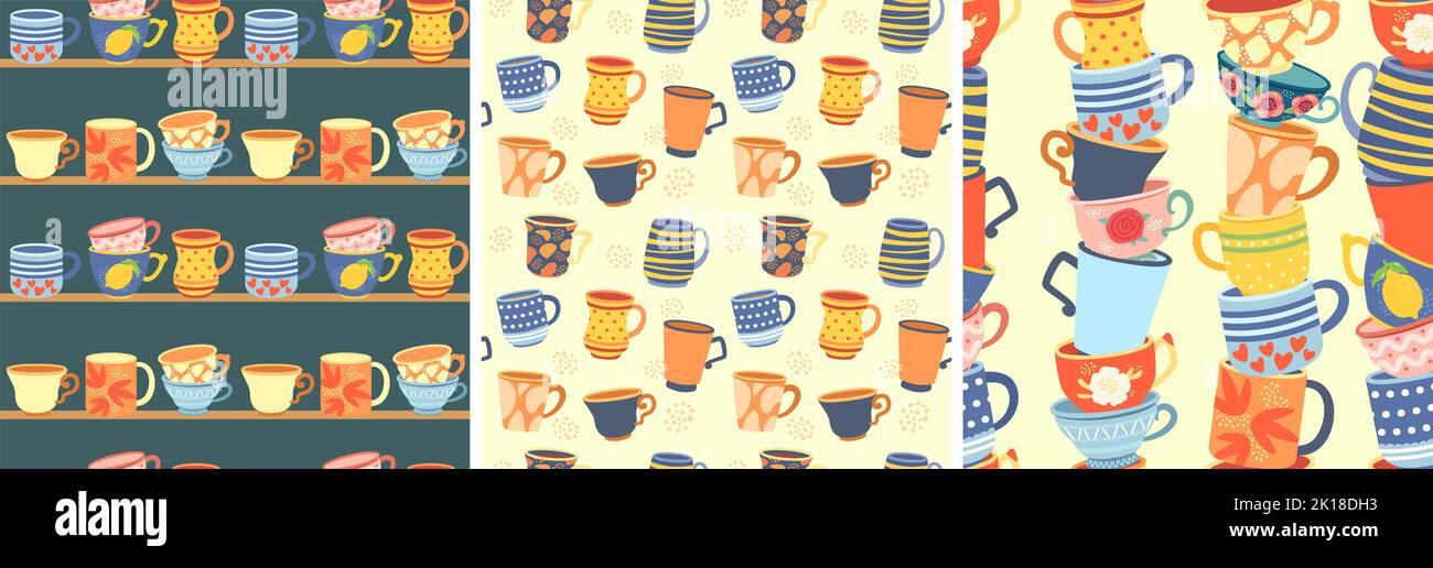 Cups seamless patterns. Coffee cup, stacked mugs and pottery teacups