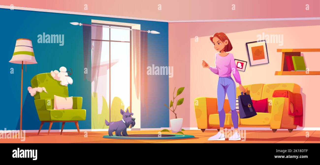 Dog mess, angry owner woman and funny puppy at damaged home interior