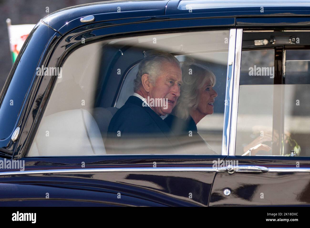 Cardiff, Wales, UK. 16th Sep, 2022. King Charles III and the Queen Consort leave Cardiff Castle in the royal car. Credit: Mark Hawkins/Alamy Live News Stock Photo