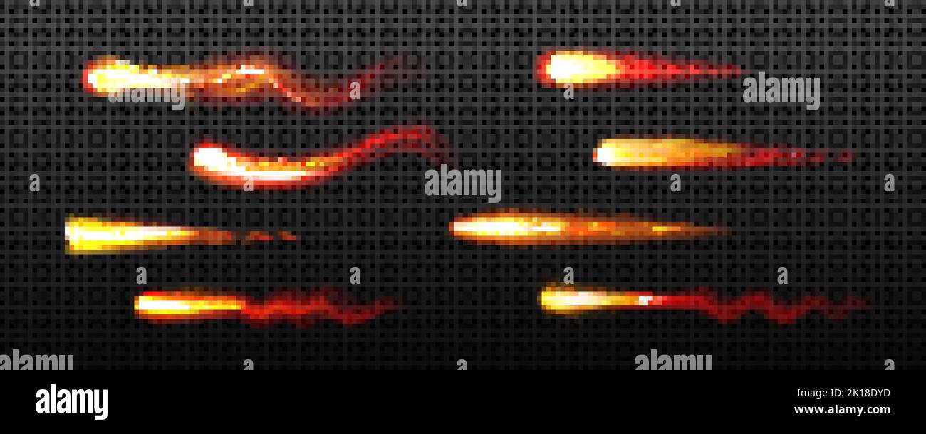 Fire trails, flying asteroids, comets, glowing lines with light sparks, cracker, magic fire ball or wand trace motion vfx effect. Isolated petards, br Stock Vector