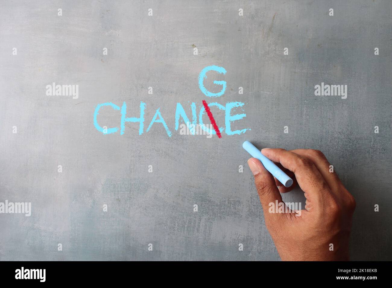 Top view image of hand writing the word Chance into Change in a conceptual image. Motivation concept. Stock Photo