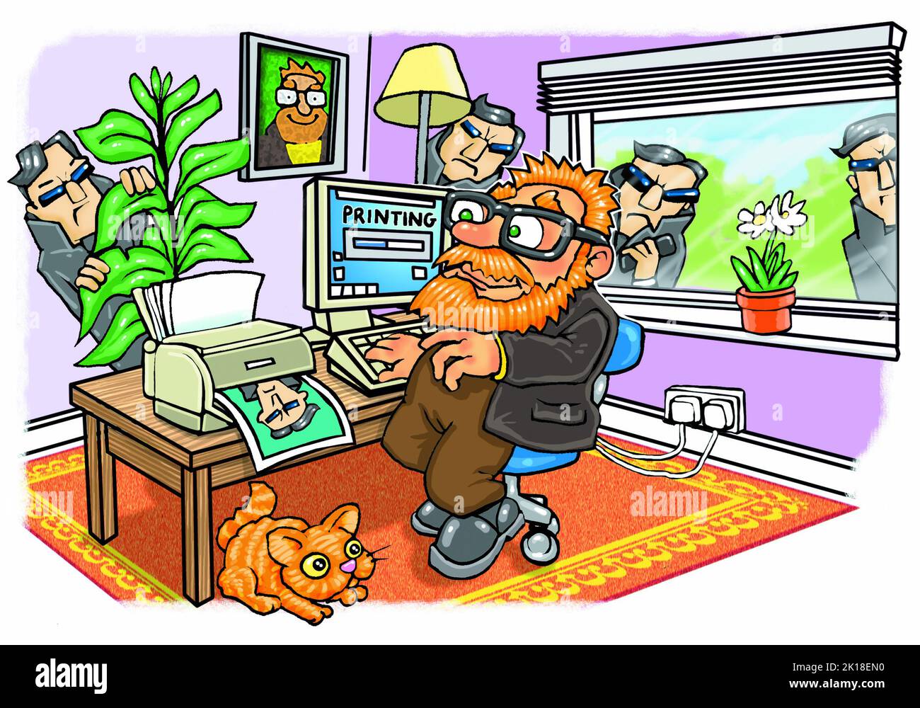 Cartoon art illustrating the idea of spyware /malware that hides on your PC, monitors your activity, to steal sensitive information like bank details. Stock Photo