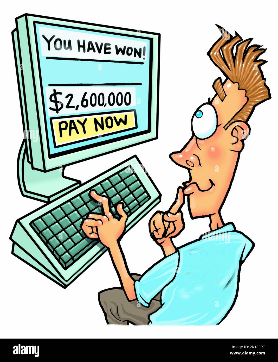 Cartoon art showing man, sat at PC, bidding & winning on an online auction, maybe worried he's paid too much, in the heat of the moment buyer's regret Stock Photo