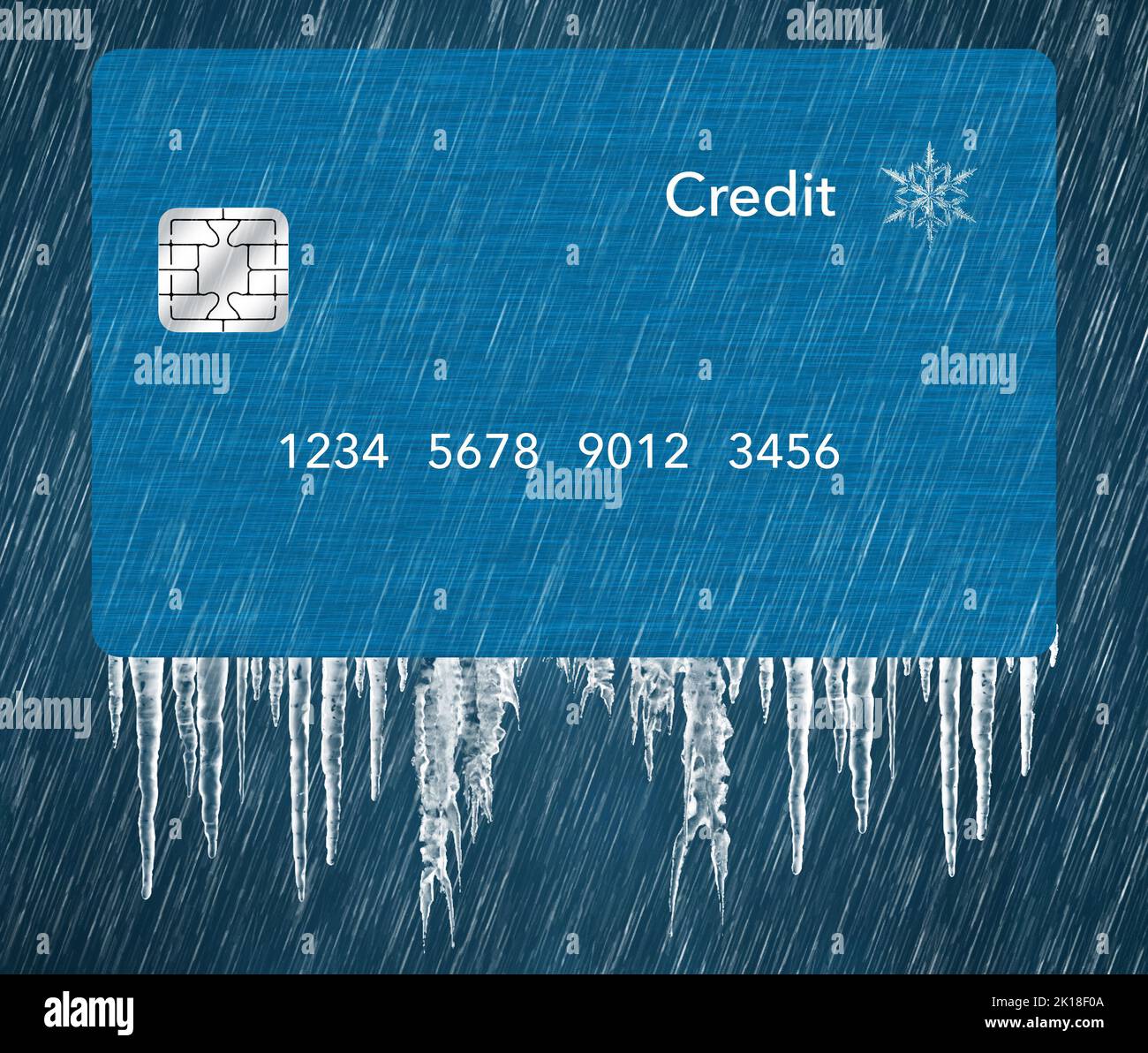 A generic blue credit card is seen in a snowstorm with icicles in a 3-d illustration about putting a credit freeze on a credit report. Stock Photo