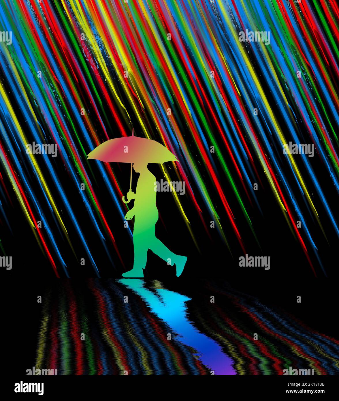 A man with an umbrella walks past angled lines of bright colors in a 3-d illustration. Stock Photo