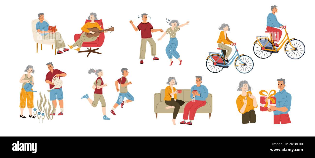 Happy active senior couple vector illustration set. Flat elderly male and female characters enjoying retirement hobby, dancing, gardening, cycling, jogging, dating, celebrating holiday together Stock Vector