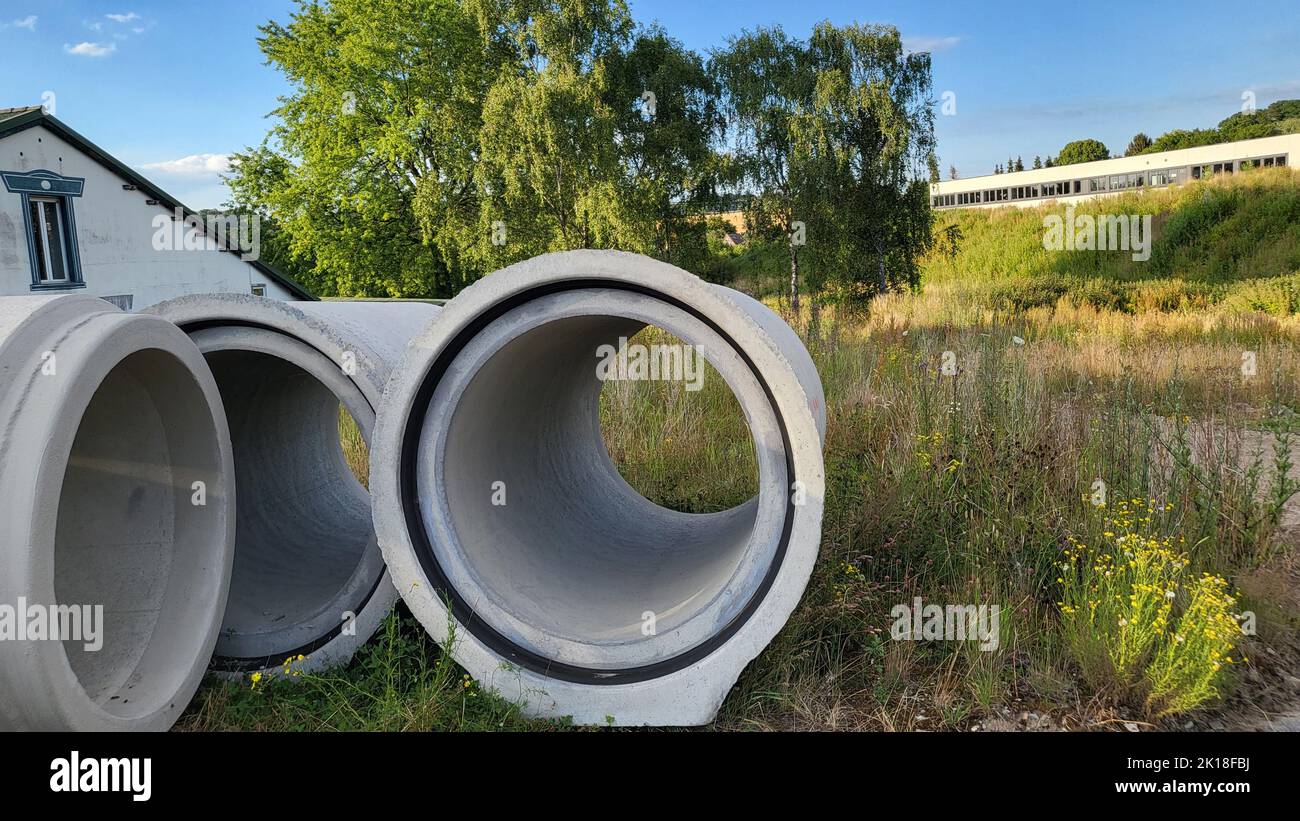 Construction of an underground drainage pipe Stock Photo