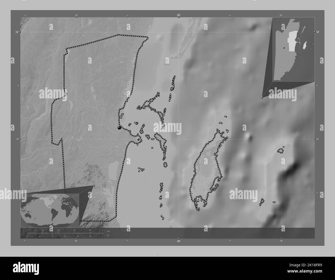 Belize, district of Belize. Grayscale elevation map with lakes and ...